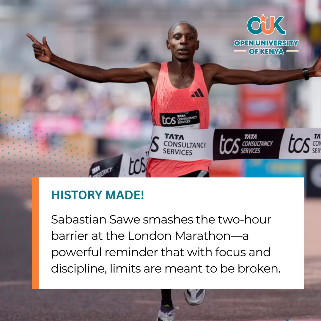 OpenUniKenya's tweet image. History made! 📷

Sabastian Sawe smashes the two-hour barrier at the London Marathon—a powerful reminder that with focus and discipline, limits are meant to be broken.

#YourFutureIsOpen #Inspire #Excellence