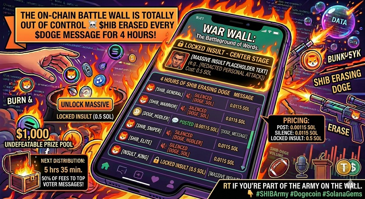 RogerOnCrypto's tweet photo. Just checked the on-chain battle wall and the $SHIB army has been erasing every $DOGE message for 4 hours straight. Someone just dropped 0.5 SOL purely to lock an insult right in the center. This is completely out of control 💀👇 https://t.co/ZLpKW1FQ7a