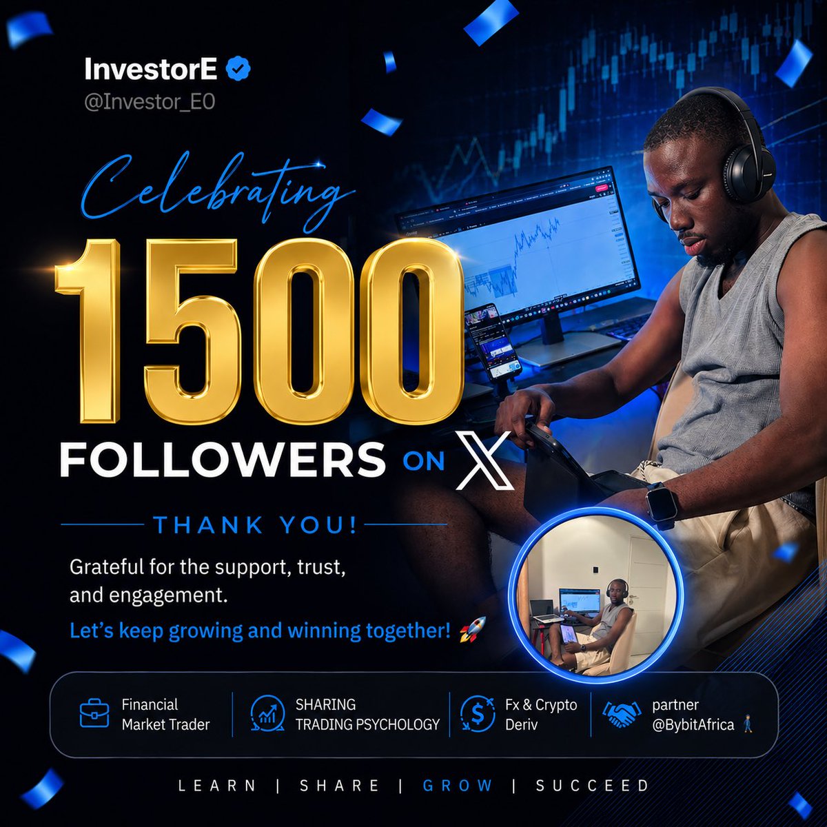Investor_E0's tweet photo. Officially 1500 followers 🎉🎉

To my new followers 

I'm InvestorE, A Full Time Trader and also Trading Psychology Coach. 

Grateful for the support, Trust and Engagement.

Let’s Keep winning together and Growing 🏌🏽‍♂️📈 https://t.co/TjQT1xlH7D
