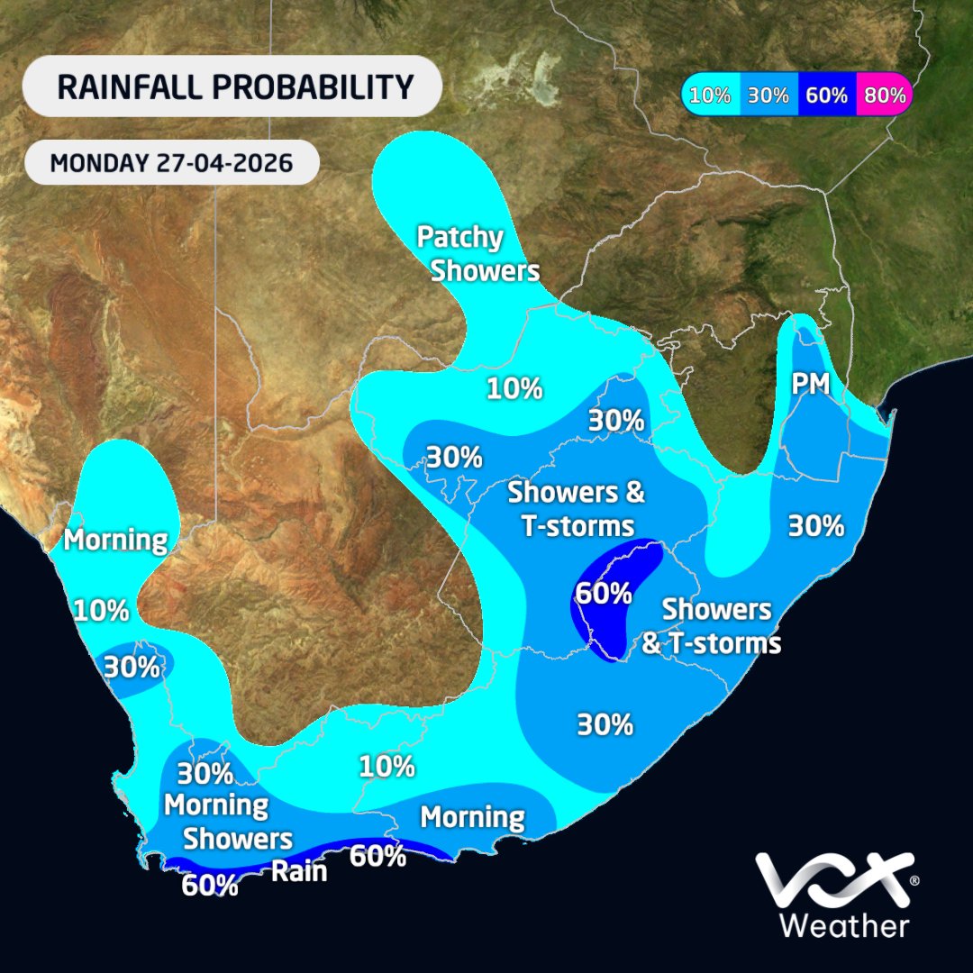 VoxWeatherZa's tweet image. WEATHER MAPS and WARNINGS for this FREEDOM DAY– 27 April 2026

⚠️SAWS WARNINGS⚠️
🟡 Yellow L1&amp;amp;2: Damaging winds &amp;amp; waves along south and east coasts.

Meteorologist Michelle du Plessis will be back LIVE at 6pm on TUESDAY on Vox Weather.

#VoxWeather #Cold #FreedomDay
