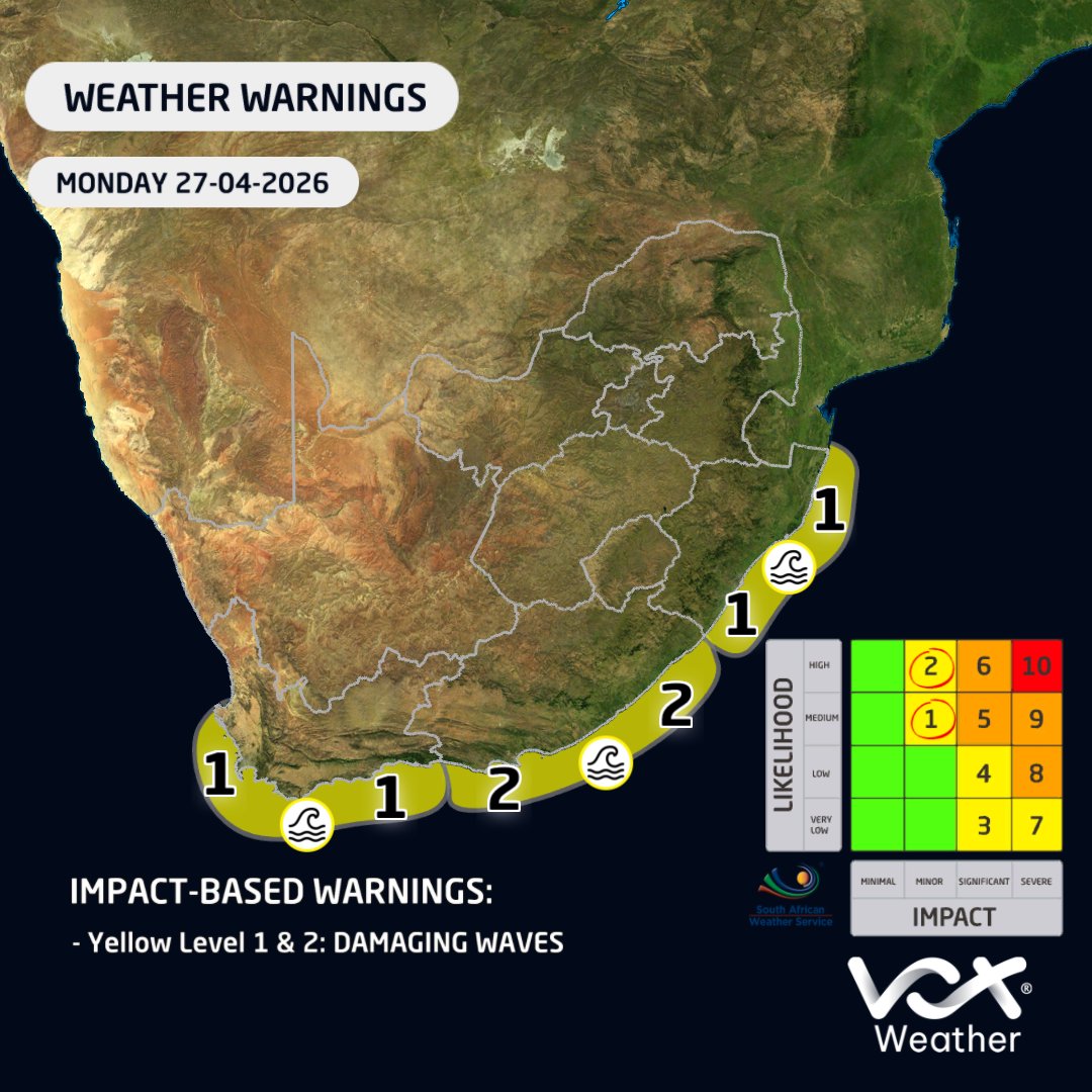 VoxWeatherZa's tweet image. WEATHER MAPS and WARNINGS for this FREEDOM DAY– 27 April 2026

⚠️SAWS WARNINGS⚠️
🟡 Yellow L1&amp;amp;2: Damaging winds &amp;amp; waves along south and east coasts.

Meteorologist Michelle du Plessis will be back LIVE at 6pm on TUESDAY on Vox Weather.

#VoxWeather #Cold #FreedomDay