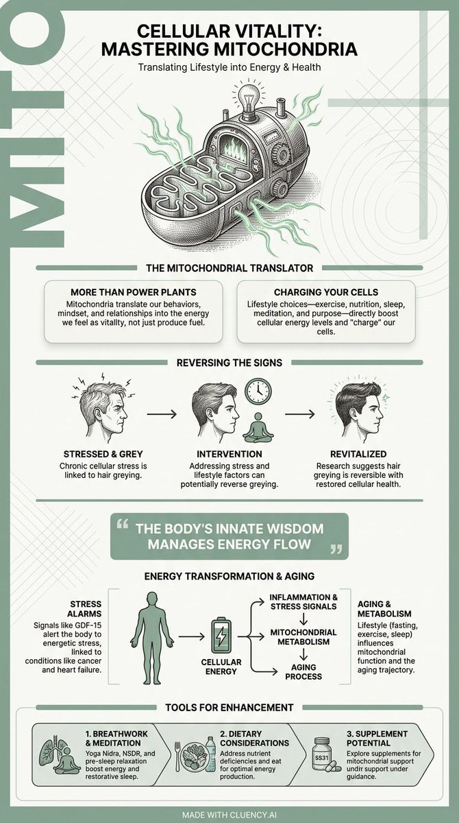 cluencyai's tweet image. Fascinating @hubermanlab ep on cellular energy! Mitochondria don't just make energy, they translate our behavior into vitality. Who knew hair greying might be reversible? Made with @cluencyai

#Mitochondria #CellularEnergy #Biohacking