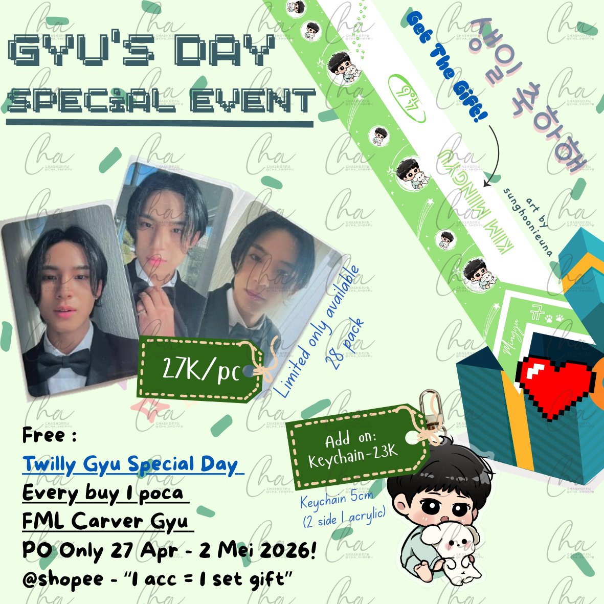cha_shoppu's tweet photo. ｡.:*🥳 Gyu’s Day Special Event 📷*:.｡ 
by @cha_shoppu 

🙌Like &amp; RT are appreciated 

🕐PO Only 27 Apr 00.00 - 02 Mei 22.00
*Est prod 2-3 weeks~ after close PO
🔗 https://t.co/loLk2Qigiw
💸27K/poca 
🎁Get the Freebies! [Twilly]
✅ Add on keychain only 23K! 

Don’t miss it!🥰 https://t.co/P8hhW8djX6