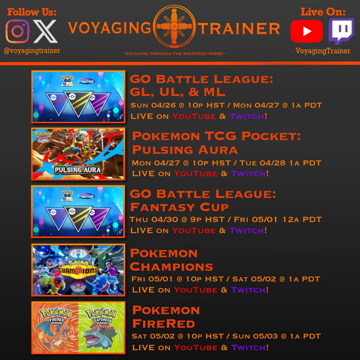 VoyagingTrainer's tweet image. Got battles in GL, UL, ML, &amp;amp; Fantasy Cup battles in #GOBattleLeague, #PokemonTCGPocket, #PokemonChampions, &amp;amp; #PokemonFireRed this week!

Live on YouTube:
youtube.com/@VoyagingTrain…

And on Twitch:
Twitch.tv/voyagingtrainer

Hope to see you there!