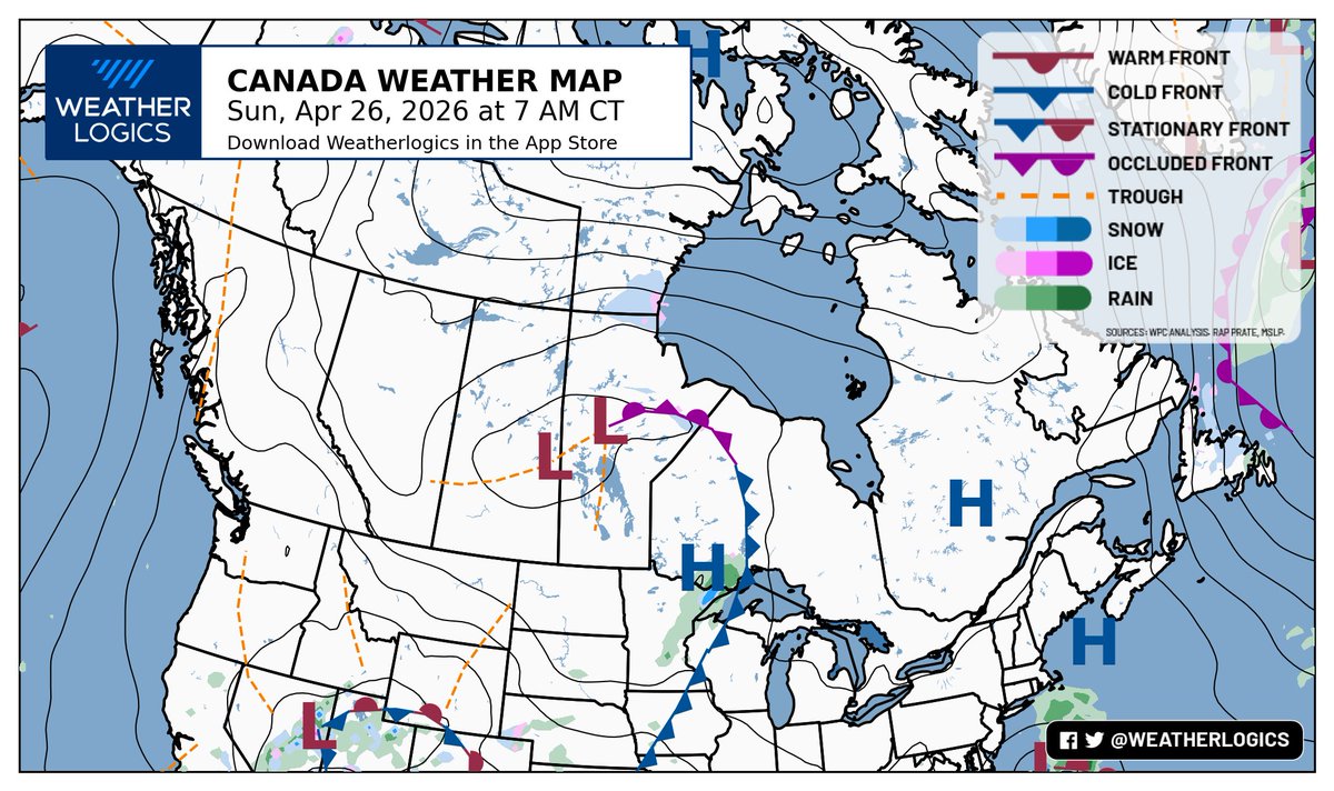 weatherlogics's tweet image. Canada weather map - Sunday, April 26, 2026

#bcwx #abwx #skwx #mbwx #onwx #meteoqc #nbwx #nswx #pewx #nlwx