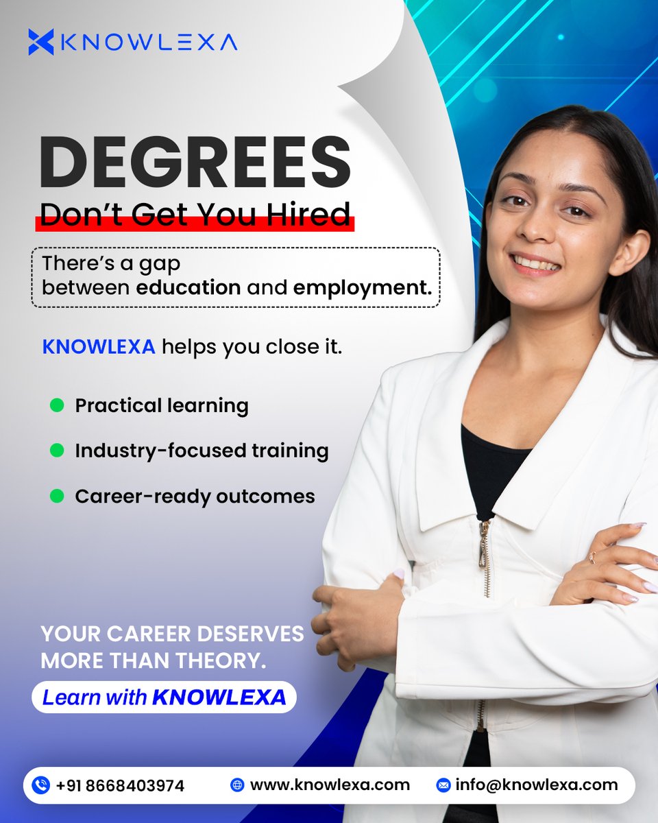 knowlexaedu's tweet image. Struggling to turn your degree into a job?
The gap between education &amp;amp; employment.
Close it with:
✔ Practical learning
✔ Industry training
✔ Career-ready skills

🚀 Learn smarter with Knowlexa
🌐 knowlexa.com

#Upskill #CareerReady #Knowlexa #FutureOfWork