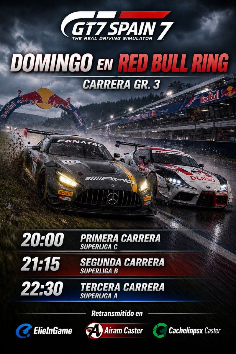 Elieingame's tweet image. Domingo!! sinónimo de buenas carreras en Gt7 Spain hoy ronda 10 en el circuito de Red Bull Ring, empezaremos en este canal a las 20:00 (hora peninsular) con la SuperLiga C! seguidamente la B (donde correré yo) y finalizamos con la SuperLiga A. No se lo pierdan!
#Stream #GT7 #WT