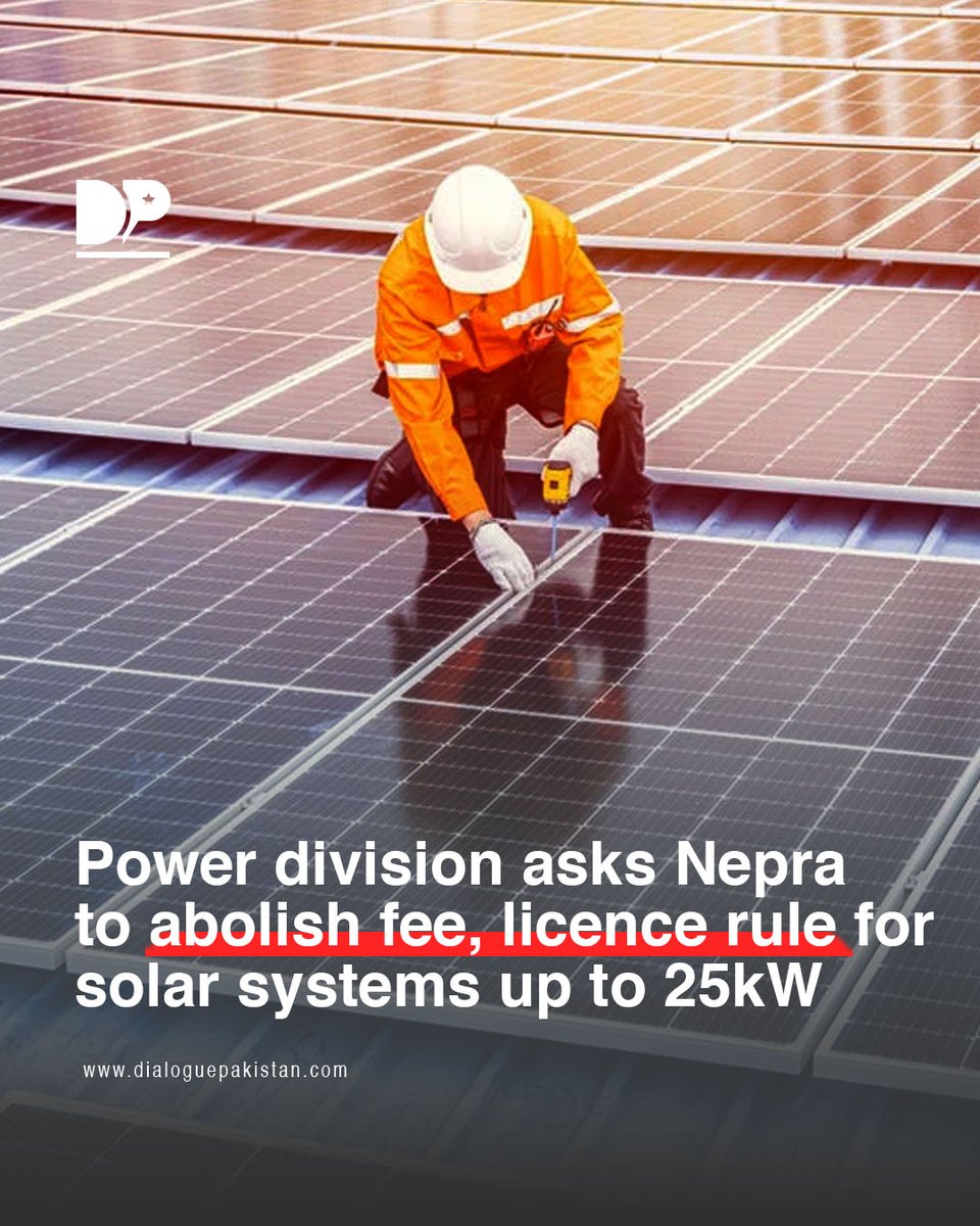 DialoguePak's tweet image. The Power Division has written to the National Electric Power Regulatory Authority (Nepra), asking it to scrap the application fee and licensing requirement for solar users with systems of up to 25 kilowatts.

dialoguepakistan.com/en/business/po…

#DialoguePakistan #NEPRA #SolarSystem