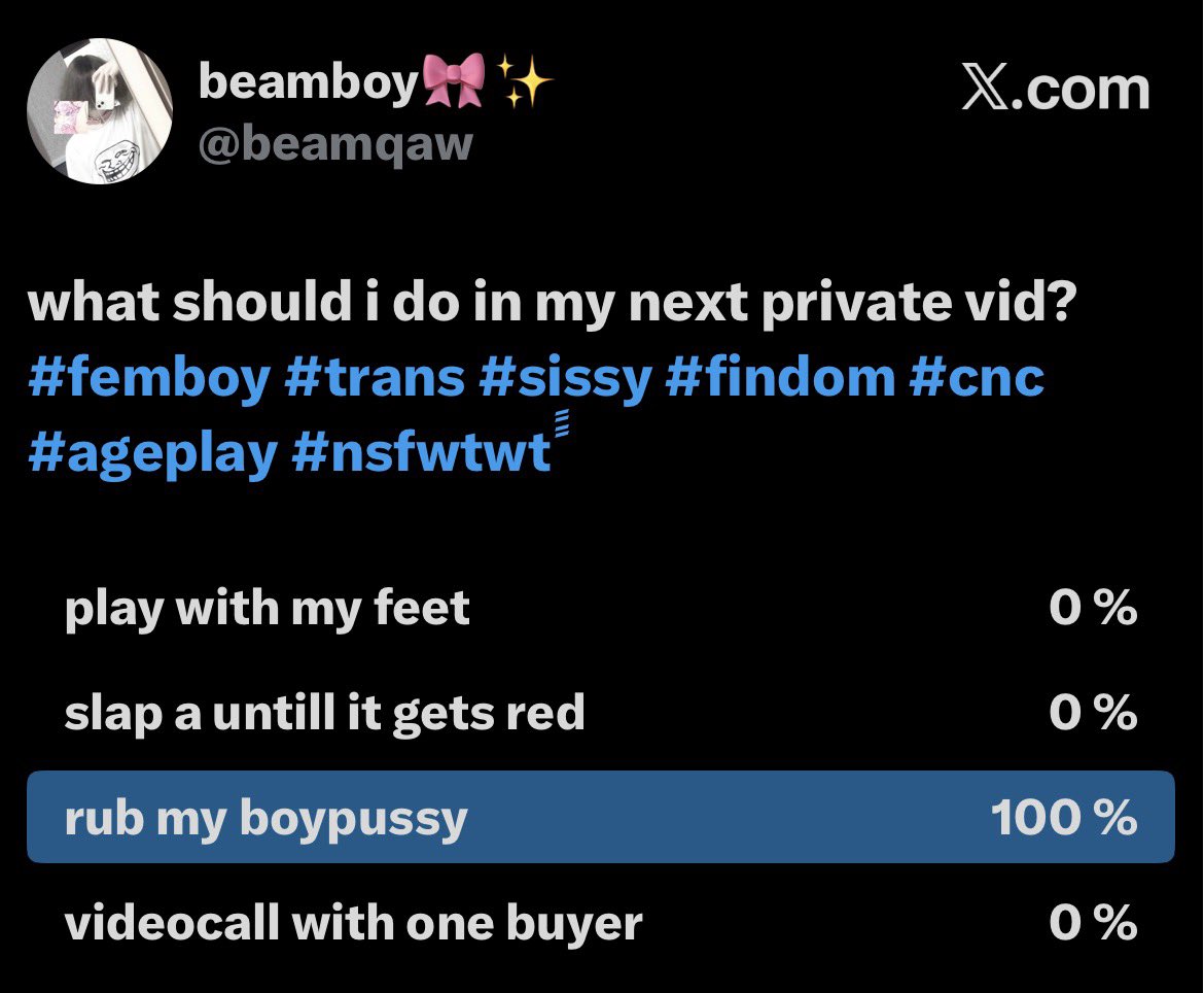 beamqaw's tweet photo. hehe, my poll ended, so i’m gonna film it now!!
#femboy #trans #sissy #caged #ageplay #cnc #nsfwtwtًً https://t.co/CZqlt3XjDG