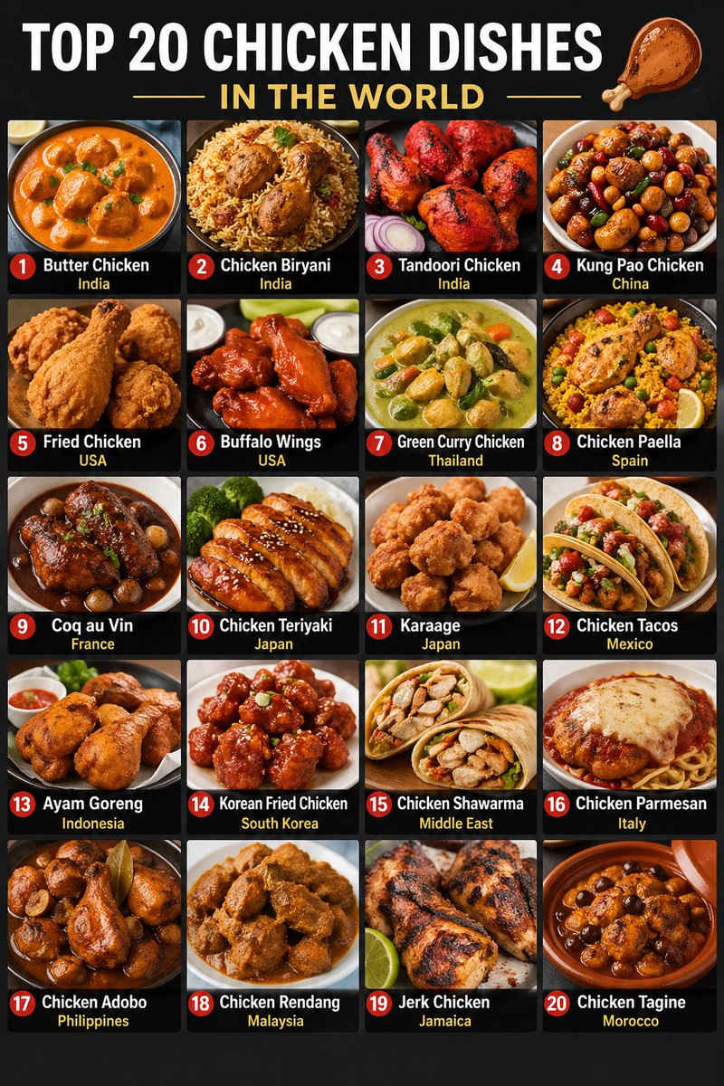 TheWorld_Update's tweet photo. 🍗✨ TOP 20 CHICKEN DISHES IN THE WORLD 🌍🔥
From spicy street food to rich gourmet classics—chicken is loved everywhere! Here are 20 of the most iconic chicken dishes across the globe:
🌶️ India: Butter Chicken, Chicken Biryani, Tandoori Chicken
🍜 China: Kung Pao Chicken
🍗 USA: Fried Chicken, Buffalo Wings
🍛 Thailand: Green Curry Chicken
🥘 Spain: Chicken Paella
🍲 France: Coq au Vin
🍗 Japan: Chicken Teriyaki, Karaage
🌯 Mexico: Chicken Tacos
🍛 Indonesia: Ayam Goreng
🍗 Korea: Korean Fried Chicken
🥗 Middle East: Chicken Shawarma
🍝 Italy: Chicken Parmesan
🍲 Philippines: Chicken Adobo
🍛 Malaysia: Chicken Rendang
🍗 Jamaica: Jerk Chicken
🥘 Morocco: Chicken Tagine

🔥 Why chicken?
✔️ Versatile
✔️ Loved in every culture
✔️ Perfect blend of flavors worldwide
🌍 From grills to curries, every country has its own chicken masterpiece!
👉 Which one is your favorite? Comment below! 🍽️🔥