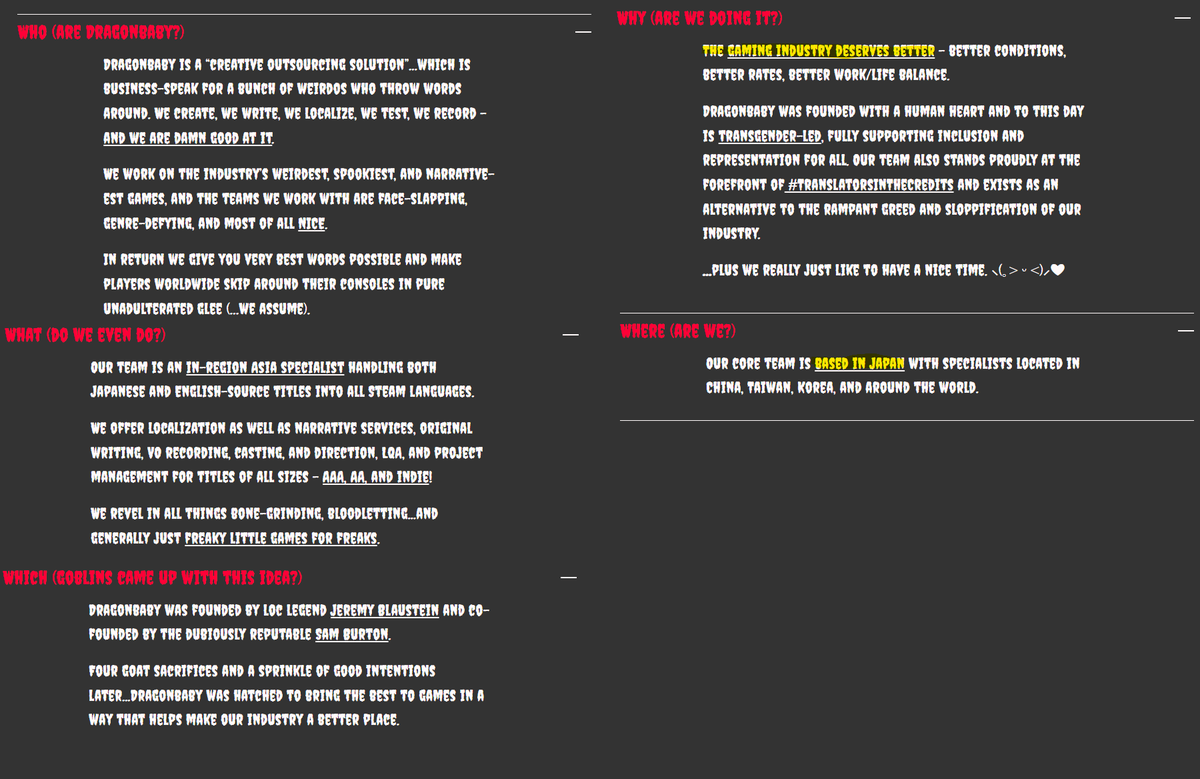 Dragon Baby is another destructive localization company founded by Jeremy Blaustein &amp; "Sam" Burton. Blaustein is known for his work on Metal Gear Solid &amp; reportedly removed after Kojima was unhappy that he deviated too far from the original script. 

Burton is some "trans"