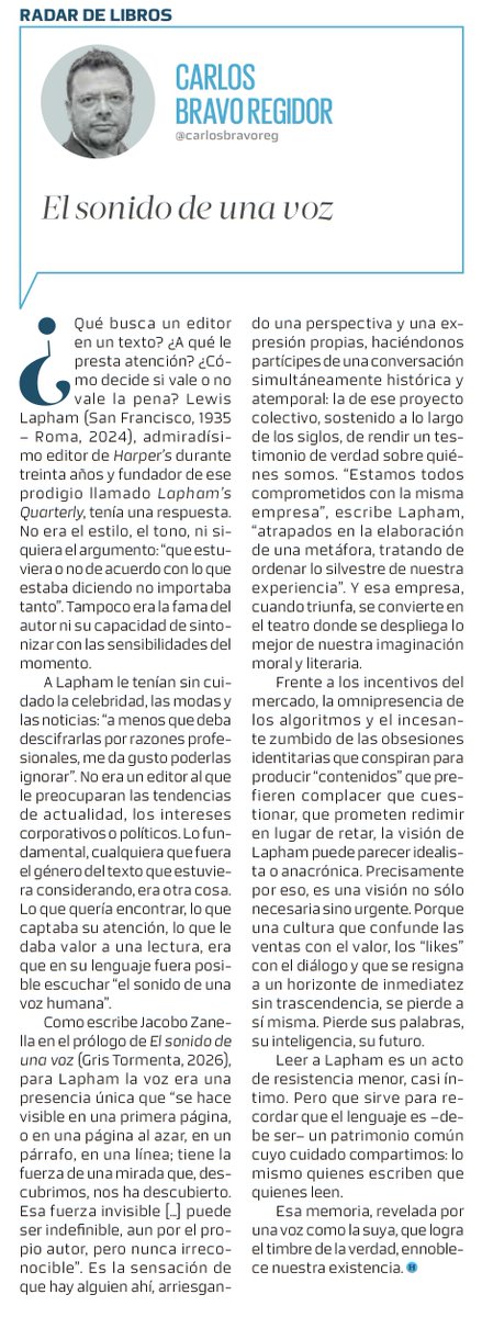 ¿Qué es la voz? La sensación de que hay alguien ahí, arriesgando una perspectiva y una expresión propias, haciéndonos partícipes de una conversación simultáneamente histórica y atemporal.

Mi #RadarDeLibros sobre "El sonido de una voz" (<a href="/gristormenta/">Gris Tormenta</a>,2026) de Lewis Lapham:
