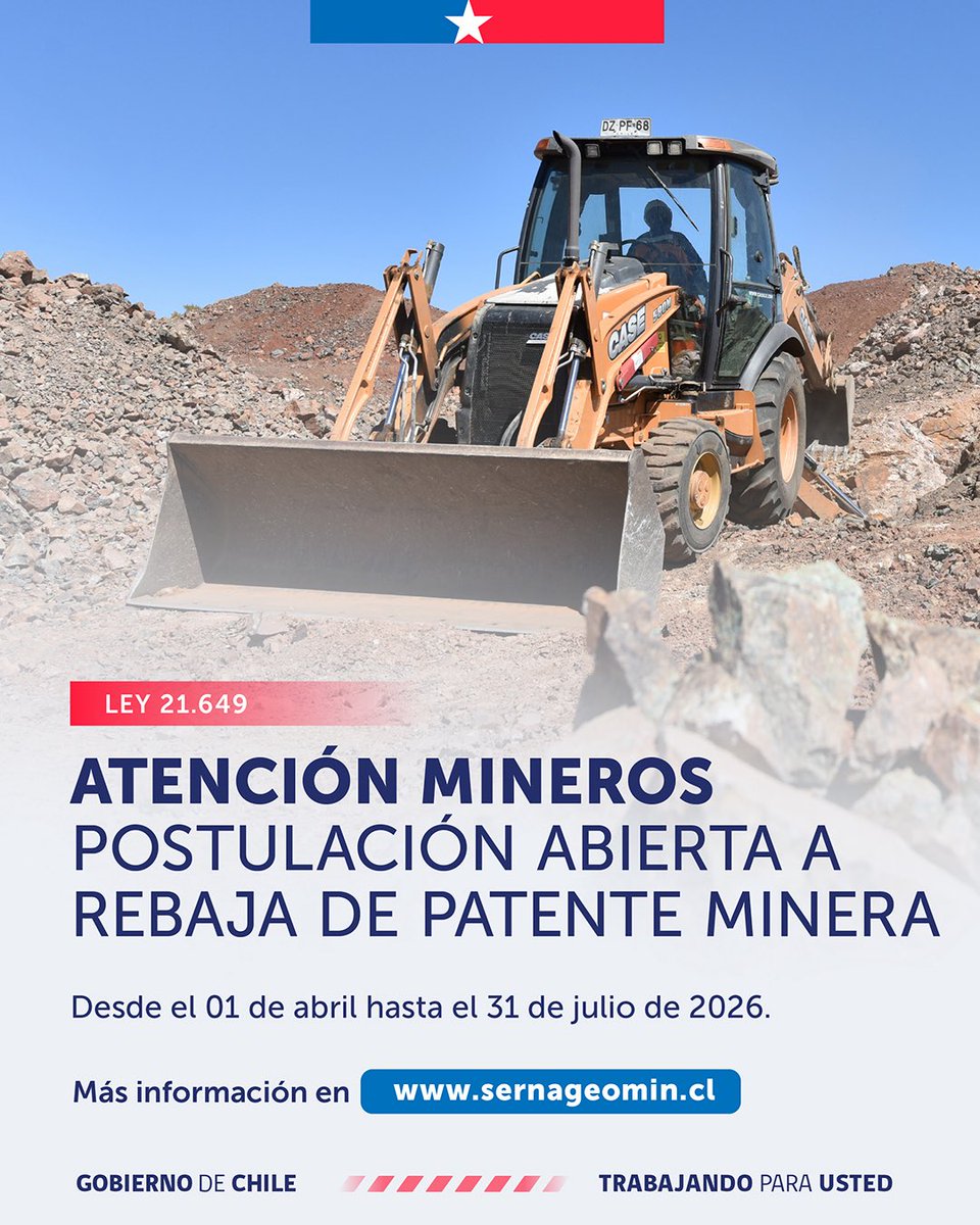 sernageomincl's tweet photo. Ya puedes postular a la rebaja de patente minera 2027.
Proceso según Ley N° 21.649.
Infórmate y postula 👇
https://t.co/nxQL0mthFy https://t.co/l4Hz4Z2leA
