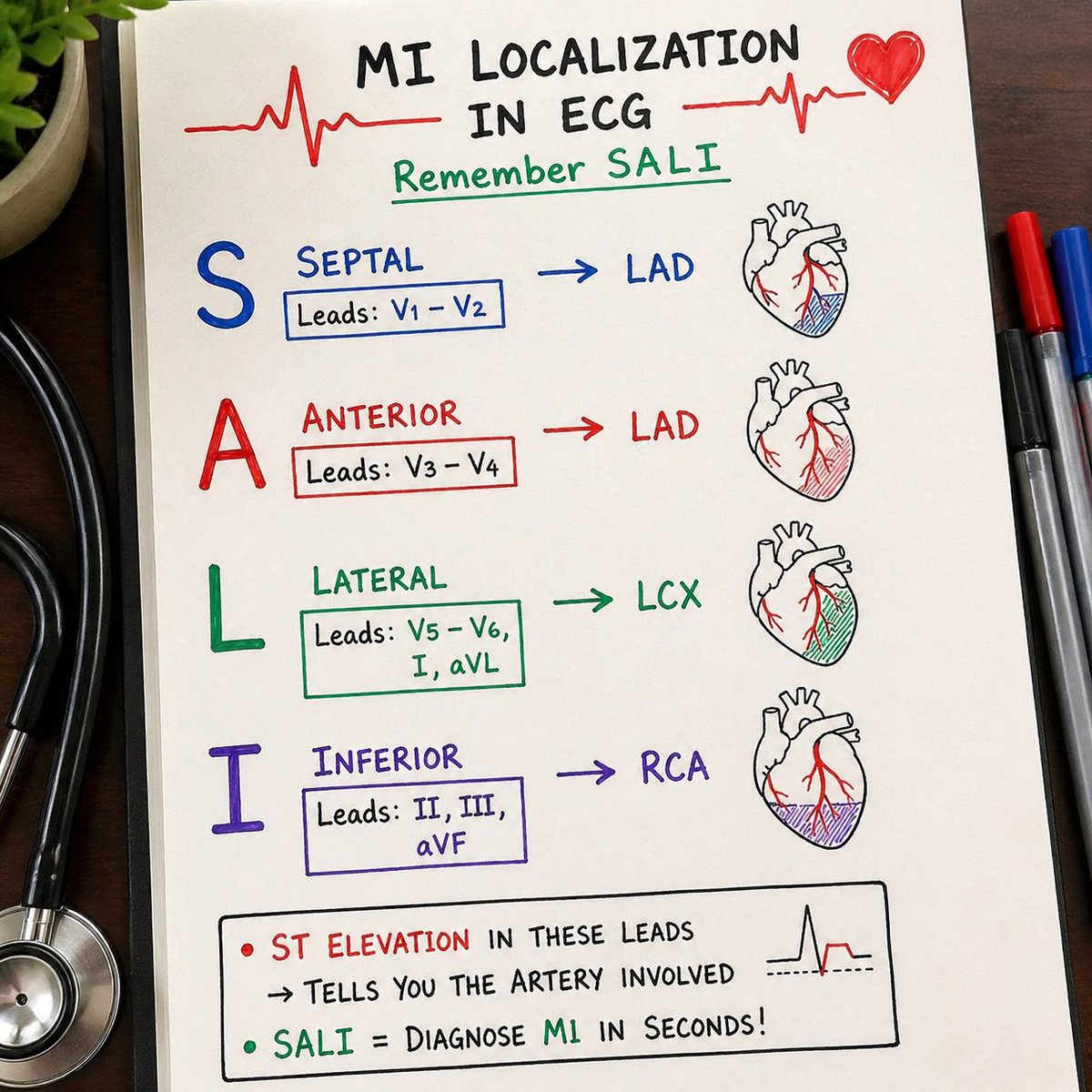 🫀 MI Localization in ECG — Made Easy  

Remember SALI 👇  

🔹 S (Septal) → V1–V2 → LAD  
🔹 A (Anterior) → V3–V4 → LAD  
🔹 L (Lateral) → V5–V6, I, aVL → LCX  
🔹 I (Inferior) → II, III, aVF → RCA  

⚡ Quick Recall:  
ST elevation in these leads → tells you the artery