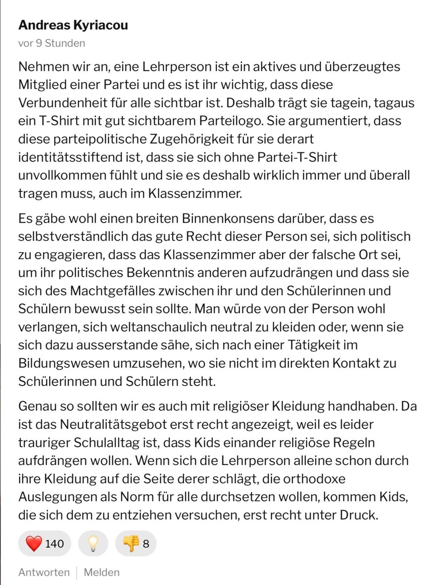 andreaskyriacou's tweet photo. Nochmals zur weltanschaulichen Neutralität für Lehrpersonen: Ein Kommentar von mir zur Stellungnahme des Lehrerverbandes (s. tamedia-Artikel: https://t.co/Rj84H99W0t) https://t.co/IEaV8aFbmo