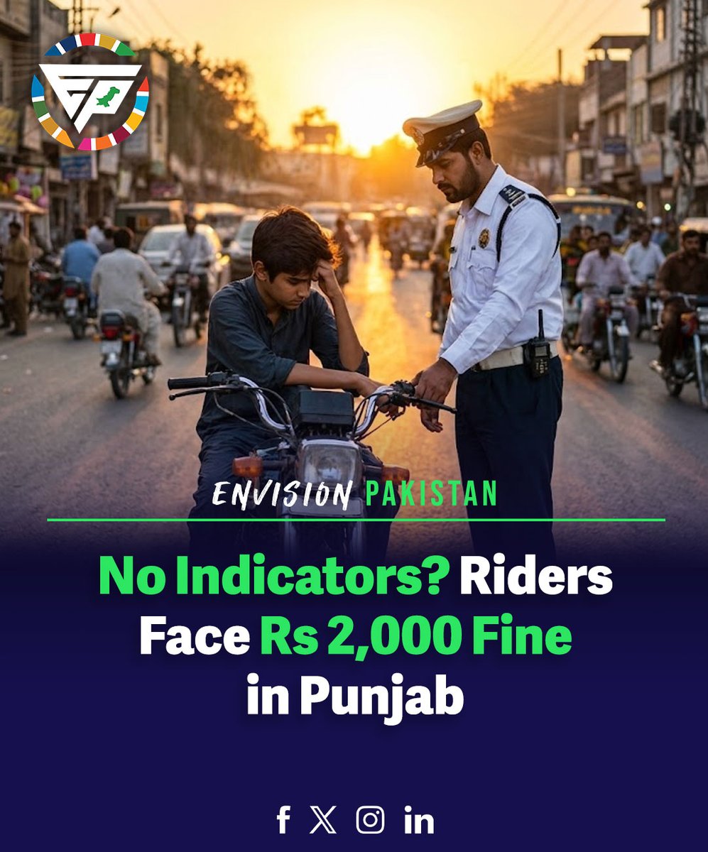 EnvisionPak's tweet image. A small mistake… big fine 👀⚠️
Punjab riders may face Rs 2,000 penalty for not using indicators while turning. 🚦🏍️
#EnvisionPakistan #Punjab #TrafficRules #RoadSafety