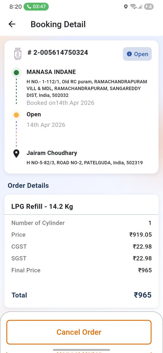 Manojtweets2's tweet image. Booked LPG refill on 14th Apr 2026 but still not delivered. Status shows “Open” with no update. This delay is causing inconvenience for daily use. Kindly look into

Booking ID: 2-005614750324
Distributor: MANASA INDANE

@IndianOilcl @IndaneOfficial #LPG #Indane #CustomerService