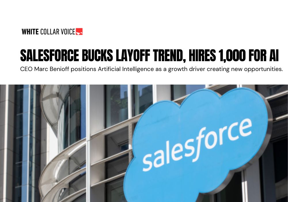 wcvnews's tweet image. While many tech firms are cutting jobs, Salesforce says it is hiring 1,000 new graduates and interns focused on AI.

Read more: buff.ly/t1sGESH 

(Source: @IndiaToday )

#Salesforce #ArtificialIntelligence #Hiring #TechJobs #FutureOfWork #AIJobs #Careers