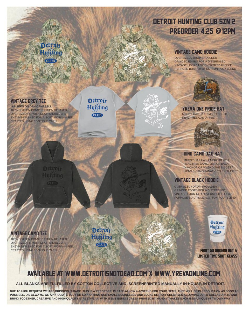 If it’s good enough for Dan Campbell and the Detroit Lions, it’s good enough for you!

The collaborative crew behind Detroit Hunting Club gear just dropped a re-release of their items — back by popular demand.

Go check out their pages to grab some swag of your own: