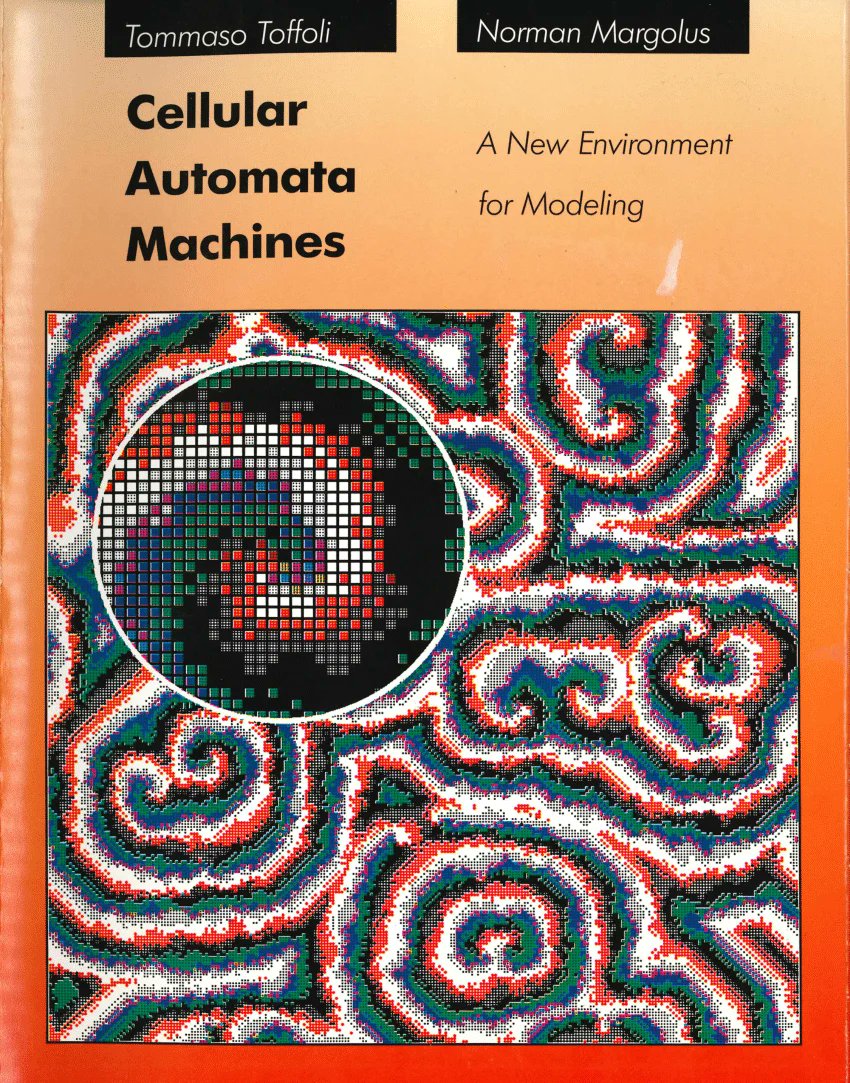 arapidhs's tweet photo. Currently reading Cellular Automata Machines: A New Environment for Modeling by Tommaso Toffoli and Norman Margolus, honestly amazed by how much they accomplished with the "C.A.M." engine back in 1987. Still incredibly inspiring to see such elegant ideas. #CellularAutomata https://t.co/3kId4RTVnL
