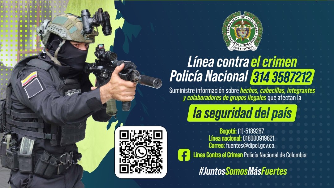PoliciaNeiva's tweet photo. Compartimos a los ciudadanos la Línea Contra el Crimen de la Policía Nacional, puedes reportar de forma segura, anónima y confidencial a quienes amenazan la seguridad y sobre las carreteras a Nivel Nacional.

📞 Líneas disponibles 24/7
📧 fuentes@dipol.gov.co
📱 314 358 7212 https://t.co/xaBjtOZcr4