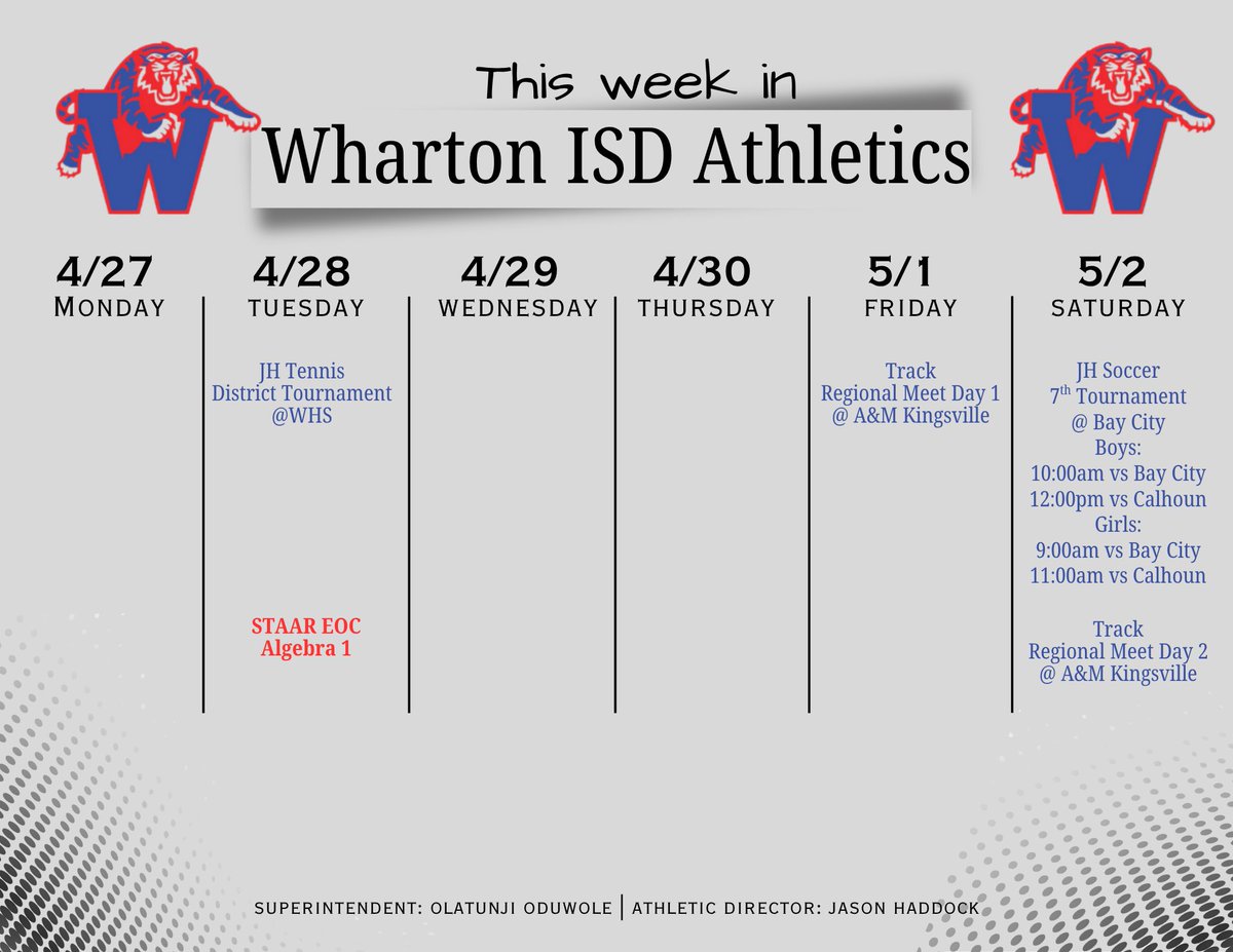 WHSTigersFB's tweet photo. What a great week to be a Tiger! JH Tennis wraps up, HS track at the regional meet, and JH Soccer in tournament play! Go Tigers!
#TigerPrideRising #RestoreTheRoar https://t.co/FG1OaLQJbs