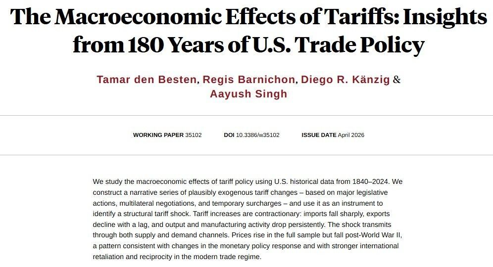 Using 180 years of US data to show that tariff increases reduce imports, output, and manufacturing, with effects operating through both supply and demand channels, from Tamar den Besten, Regis Barnichon, <a href="/drkaenzig/">Diego Känzig</a>, and Aayush Singh nber.org/papers/w35102