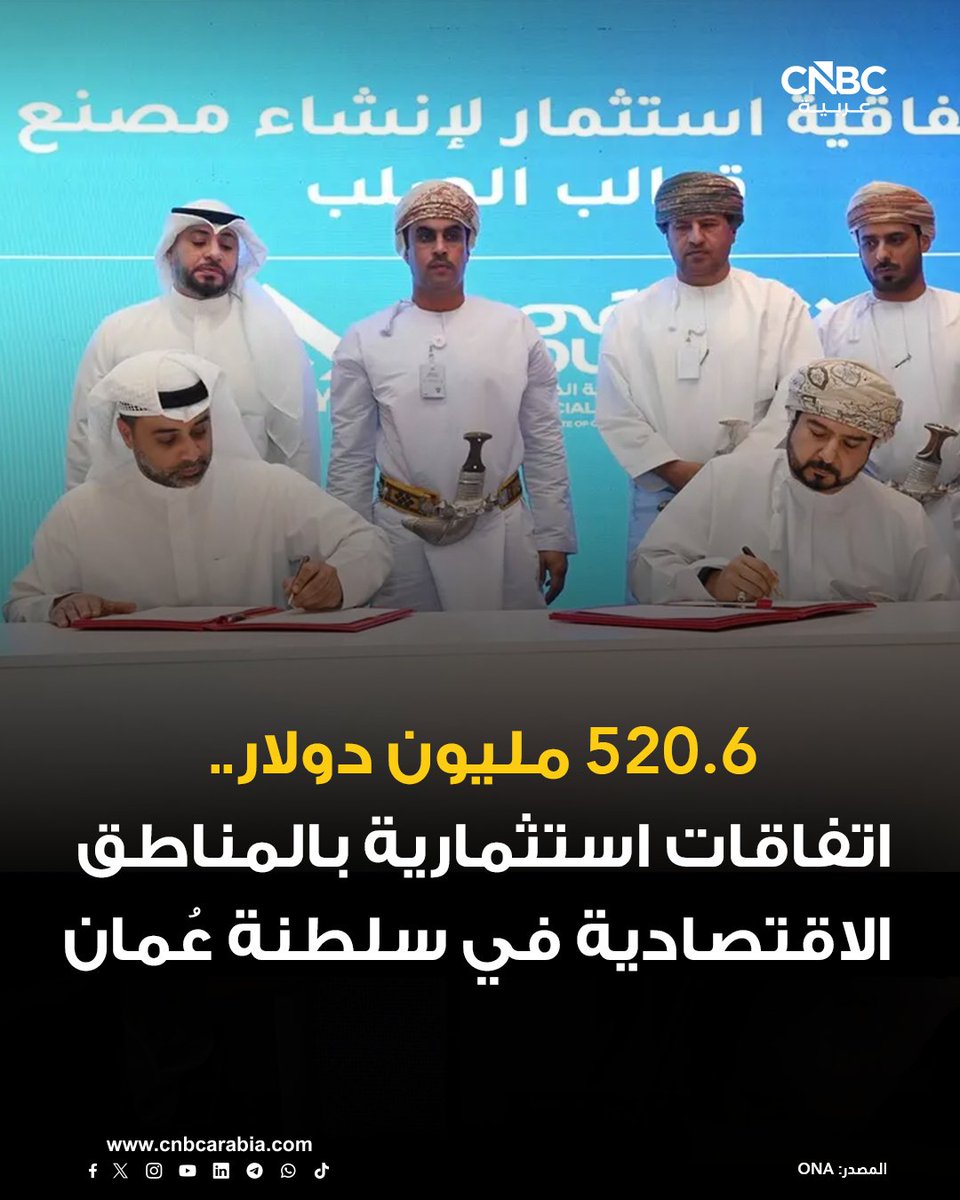 ⭕ الهيئة العامة للمناطق الاقتصادية الخاصة والمناطق الحرة في سلطنة عُمان، توقع حزمةً من اتفاقات الاستثمار، ومذكرة تعاون مشتركة، تشمل مشروعات جديدة في المنطقة الاقتصادية الخاصة بالدقم، والمنطقة الحرة بصلالة، ومدينة خزائن الاقتصادية، بتكلفة استثمارية إجمالية تتجاوز 200 مليون ريال،