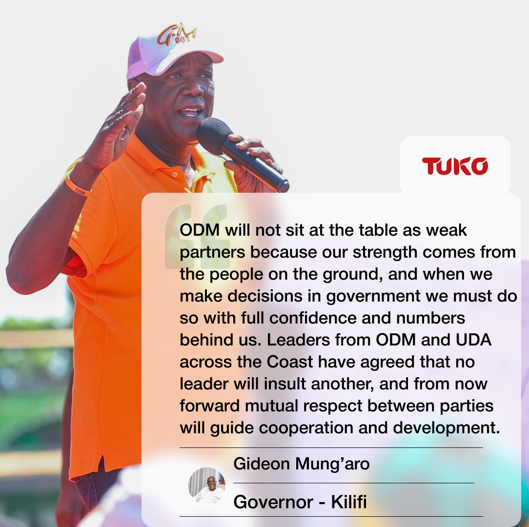 Tuko_co_ke's tweet image. "ODM will not sit at the table as weak partners," Kilifi Governor Gideon Mung'aro.  

Photo: Gideon Mung'aro (Facebook)  

#tukonews #ODM #UDA #politics #kenya