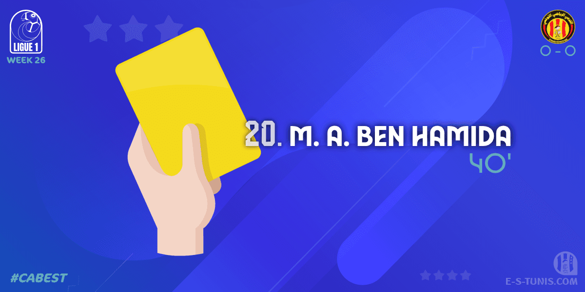 ESTuniscom's tweet photo. ⏱ 40' | #Ligue1Tn🇹🇳 Week 26 #CABEST | #CABizertin 0⃣-0⃣ @ESTuniscom : 🟨 M. A. Ben Hamida (EST) is booked / بطاقة صفراء / Carton jaune https://t.co/FiPCpsqK6B