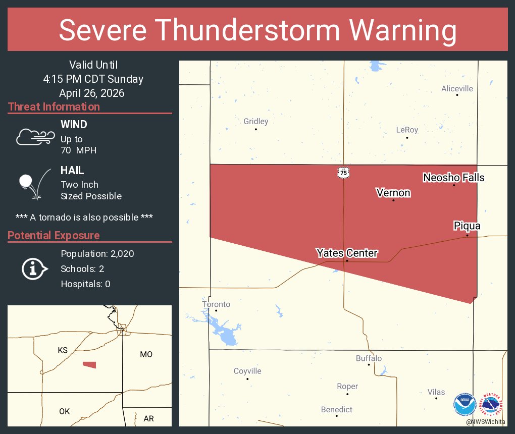 Severe Thunderstorm Warning continues for Yates Center KS, Neosho Falls ...