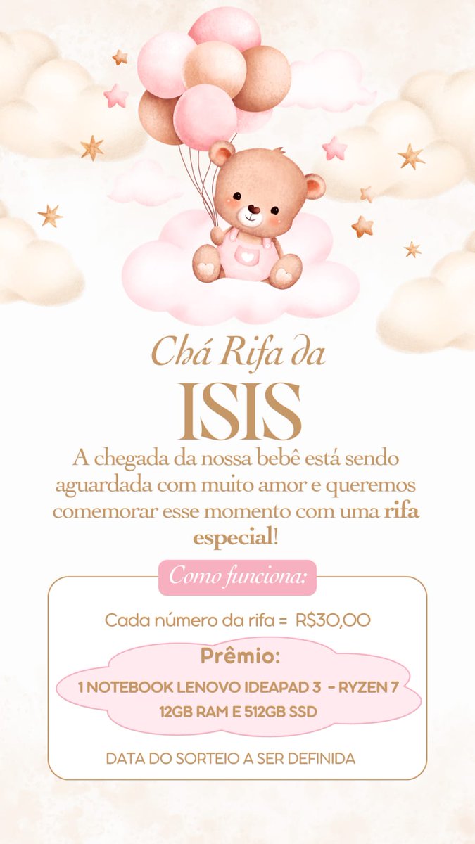 yLaraWR_'s tweet photo. Pessoal, estamos fazendo uma rifa pro chá da baby Isis 🧸💖
O prêmio é um notebook (Lenovo IdeaPad 3, 12GB RAM e 512GB SSD)
A data do sorteio ainda vamos definir e avisar direitinho!
Quem puder ajudar comprando um número, já agradecemos muito 💕 https://t.co/rQNesUXr5T