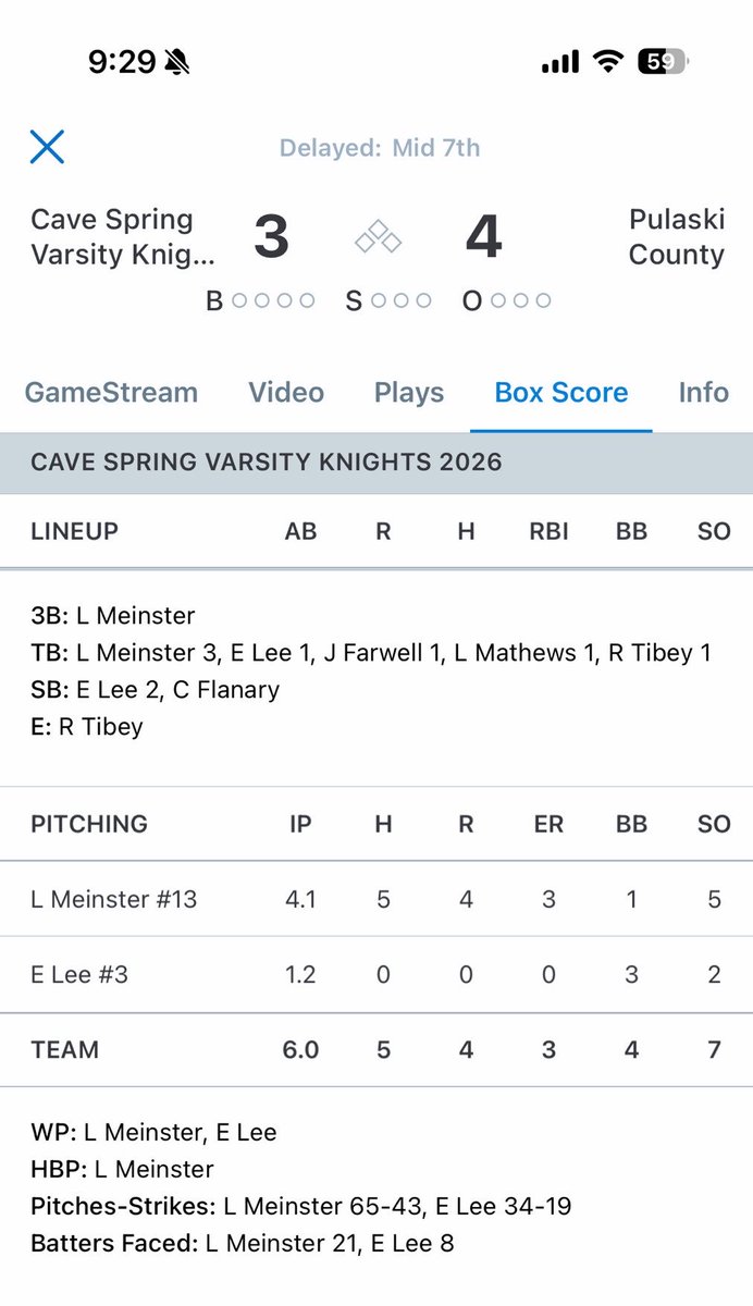 Logan_Meinster's tweet photo. Had a great overall night on Friday going 1-3 2 RBI triple. Pitched 4.1 innings only allowing 1 walk on the mound, sitting 85-87.  
@RichmondBraves @CSKnightsBB @PrepBaseballVA @PB_Uncommitted @PG_Uncommitted @VarsityVirgini1 @ksallday19 @UCBallers_ https://t.co/XClJayhyDZ