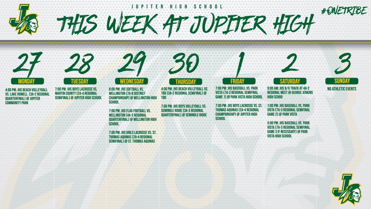 JupiterWarriors's tweet image. JHS Spring Sports in full playoff mode with beach volleyball, lacrosse, flag football, boys volleyball, baseball and track all into regionals and softball into districts.  Good luck to all our teams this week as the real season begins!  Go Warriors! #onetribe #warriorpride