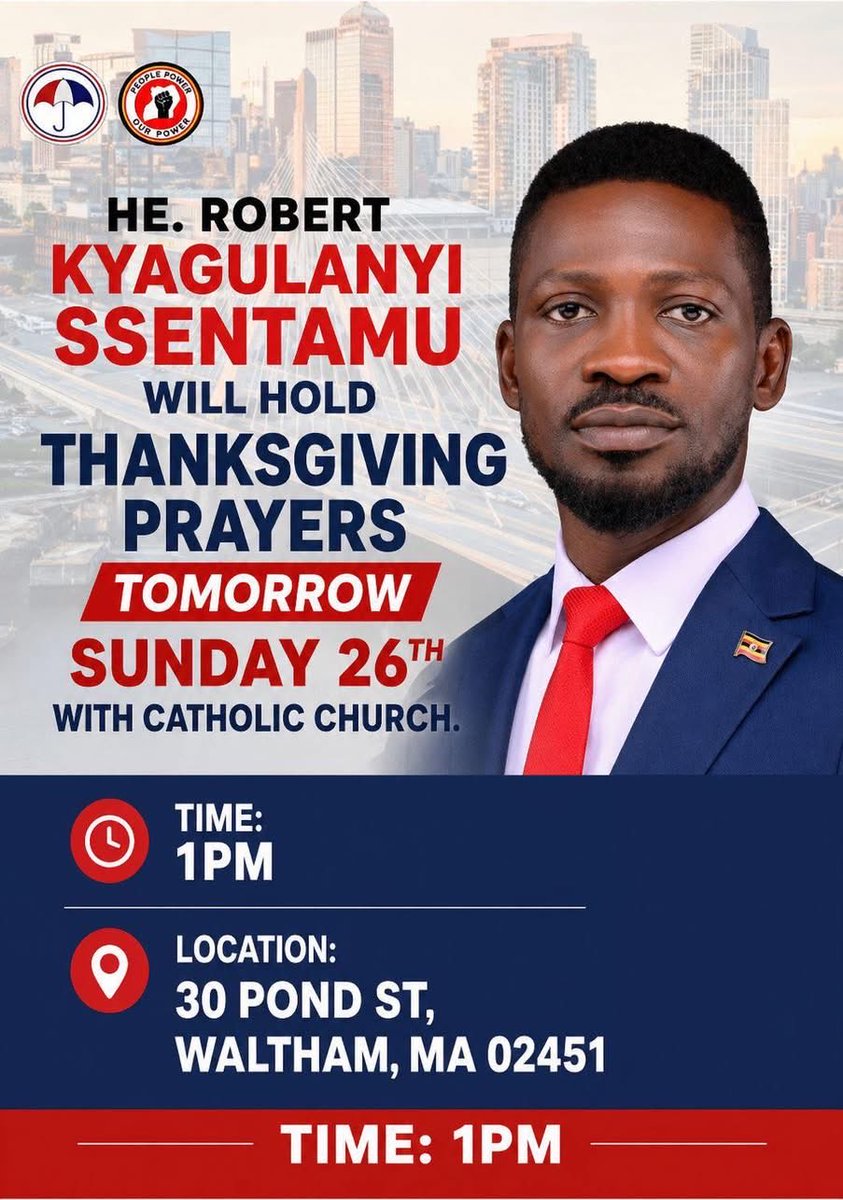 EvaNyanzi's tweet photo. Today, #Sunday 26 April 2026, Kyagulanyi Ssentamu Robert (@HEBobiwine) attended Thanksgiving Prayers in fellowship with the Ugandan Catholic Community at St Mary's Convent, 30 Pond St, Waltham, MA 02451, 🇺🇸
#SundayService #PrayForUganda #Thanksgiving