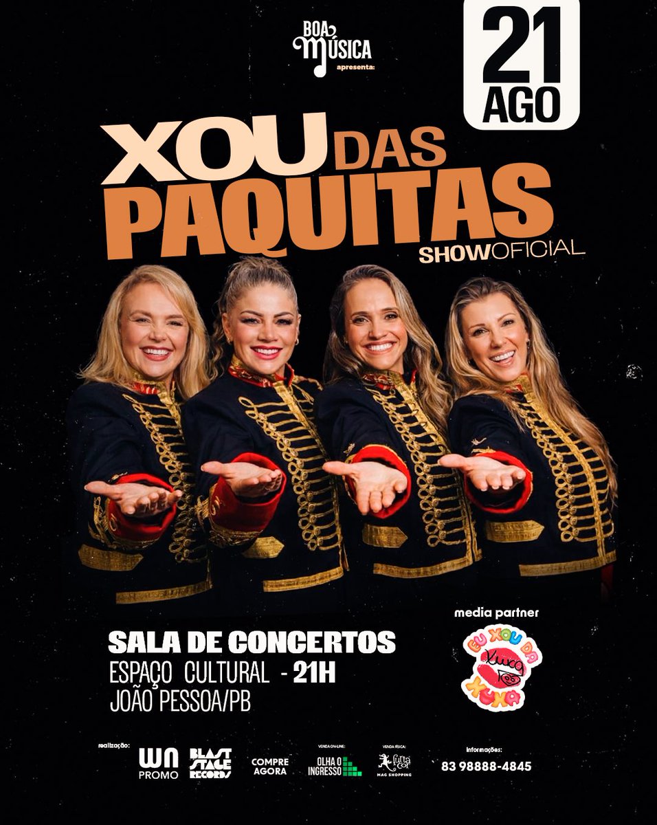 Gentchy vai ter show das PAQUITAS DA XUXA Aqui em João Pessoa !
As Paquitas mesmo,as Da primeira geração 😍😍😍
CÁTIA MIUXA,ANA PAULA BONEQUINHA,ROBERTA E PRISCILLA