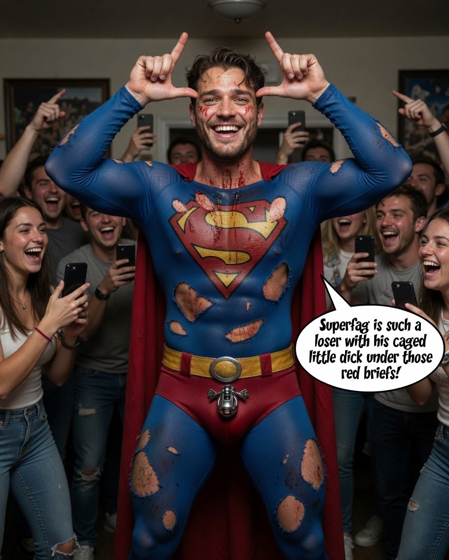 sack05bp's tweet photo. Superfag proudly showing off his loser signs while everyone laughs at his tiny locked dick under those red briefs. Once the alpha, now the fraternity’s favorite caged joke. Total embarrassment goals. 

#SuperFagLife #CagedLoser #TinyCage #GayFantasyNarrative #BrokenHero https://t.co/YqwvQ1MiDk