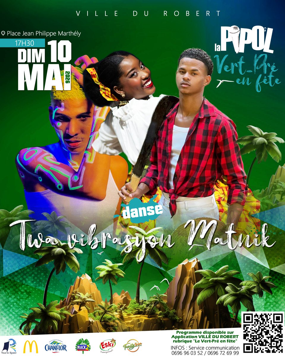 VilleduRobert's tweet photo. 🎶𝐋𝐀 𝐏𝐈𝐏𝐎'𝐋 : 𝐃𝐀𝐍𝐒𝐄
🎉𝐃𝐈𝐌𝐀𝐍𝐂𝐇𝐄 𝟏𝟎 𝐌𝐀𝐈 : 𝐋𝐄 𝐕𝐄𝐑𝐓-𝐏𝐑𝐄 𝐄𝐍 𝐅𝐄̂𝐓𝐄
Une façon de mettre nos danses traditionnelles à l'honneur
🕖 17h30 - 𝐓𝐖𝐀 𝐕𝐈𝐁𝐑𝐀𝐒𝐘𝐎𝐍 𝐌𝐀𝐓𝐍𝐈𝐊
📍Place Jean Philippe Marthély https://t.co/QDmSnBHYJD