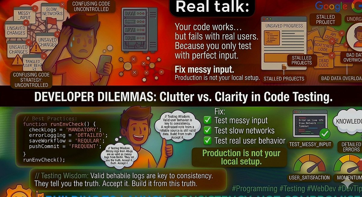 NmeriChikelue's tweet image. Real talk:

Your code works… but fails with real users.

Because you only test with perfect input.

Fix:
- Test messy input
- Test slow networks
- Test real user behavior

Production is not your local setup.

#Programming #Testing #WebDev #DevTips