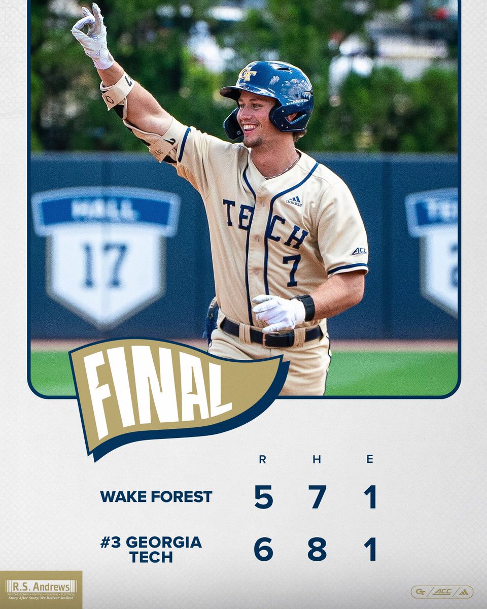 GTBaseball's tweet photo. TECH WINS!!!

The Jackets have swept 3 straight @ACCBaseball series at home for the first time since 1997!

#StingEm🐝 x #WreckHavoc https://t.co/CHGJesXyd1