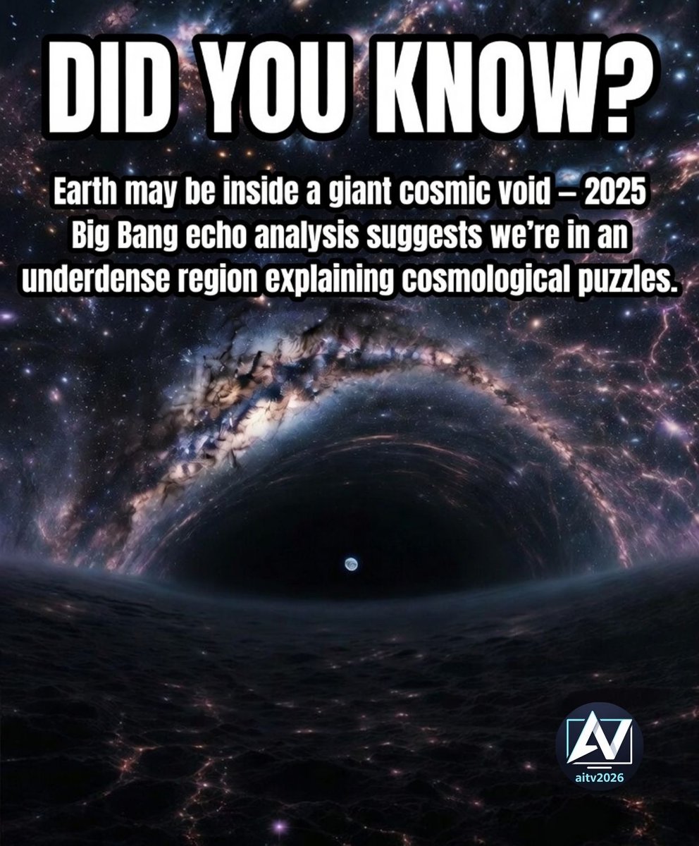 mariammustafaj's tweet image. Did You Know? 
Yes/No

Earth may be located inside a giant cosmic void. A 2025 analysis of Big Bang echoes suggests we live in an underdense region of space, which could explain several major cosmological puzzles. 

#DidYouKnow #CosmicVoid #Universe #Space #Astronomy