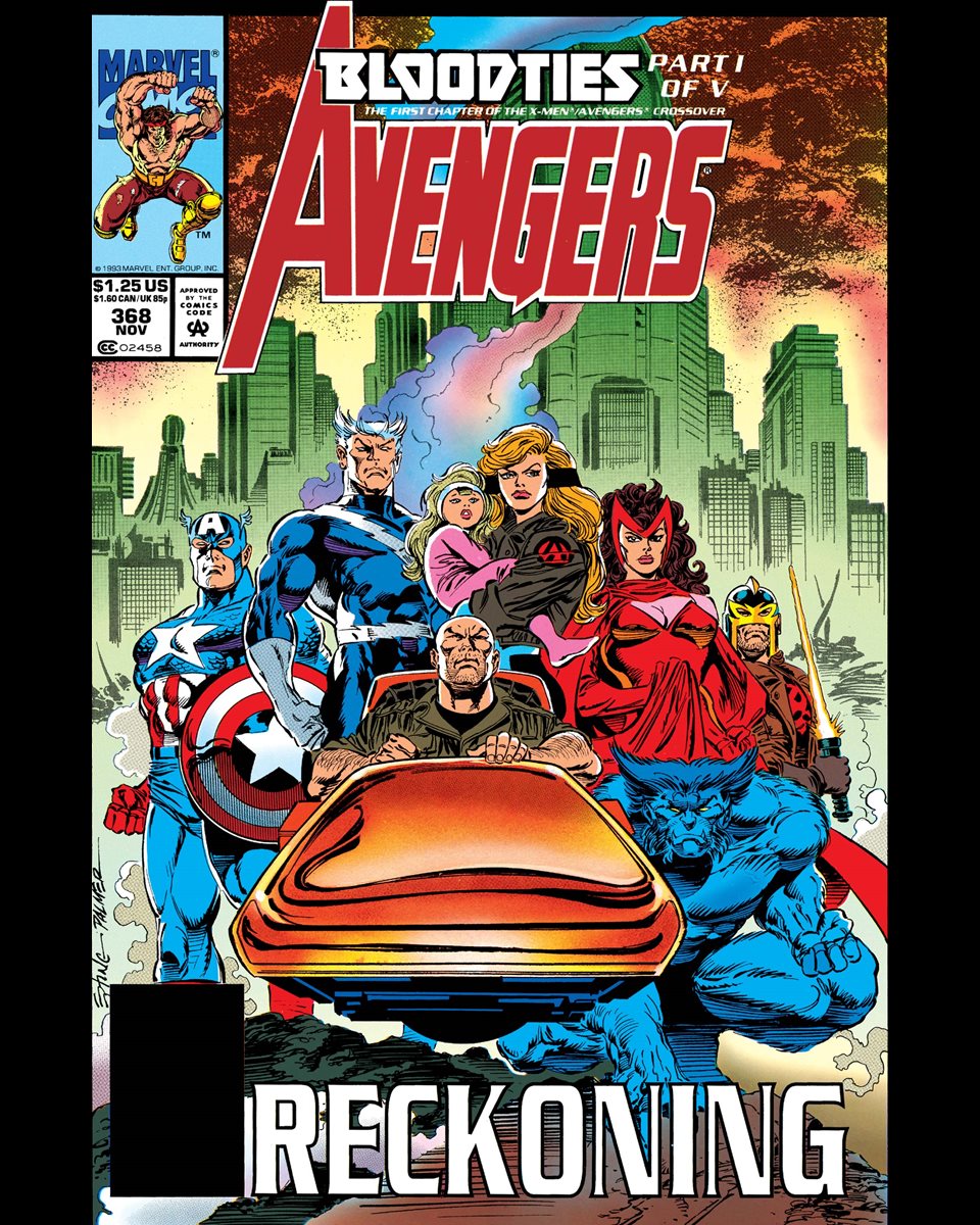 Avengers #368 cover dated November 1993.

Things go from bad to worse when it is discovered that Cortez has assassinated the Genoshan government!  And who do the Avengers and X-Men factor in?
