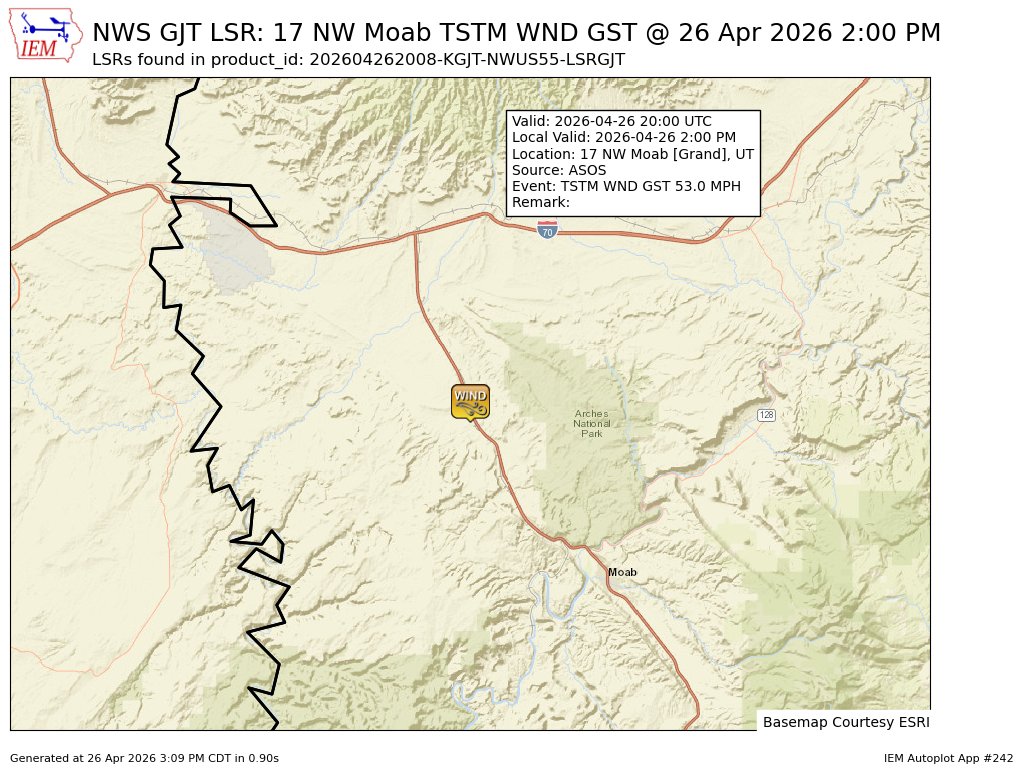 WCO_EUTWx's tweet image. At 2:00 PM MDT, 17 NW Moab [Grand Co, UT] ASOS reports Tstm Wnd Gst of M53 MPH #utwx mesonet.agron.iastate.edu/lsr/?by=wfo&amp;amp;wf…