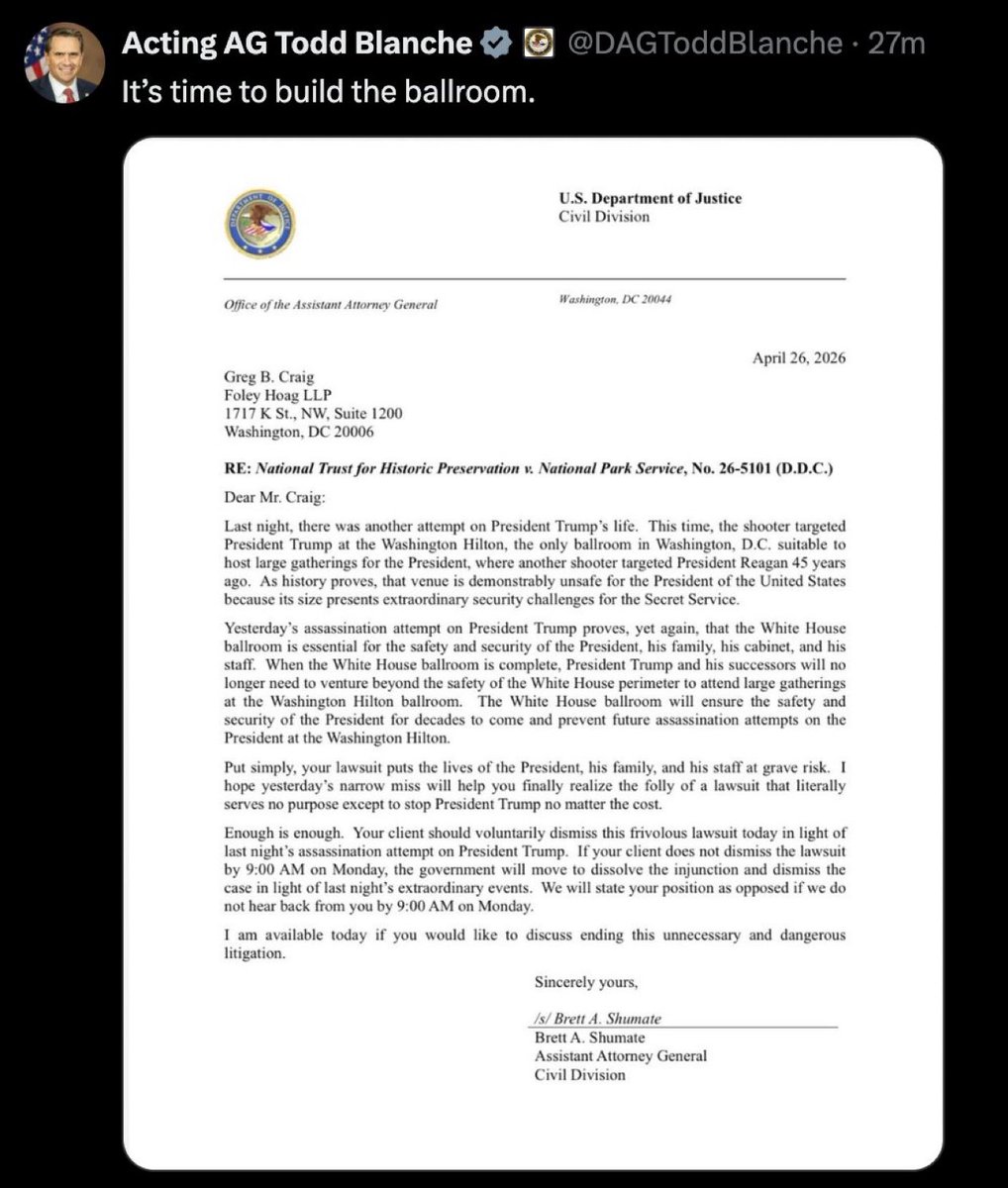 - The Trump’s acting Attorney General appears to prioritize the construction of Donald Trump's ballroom.
- This focus contrasts with the expectation of prioritizing justice following a so called mass shooting attempt involving high-ranking government officials.‼️