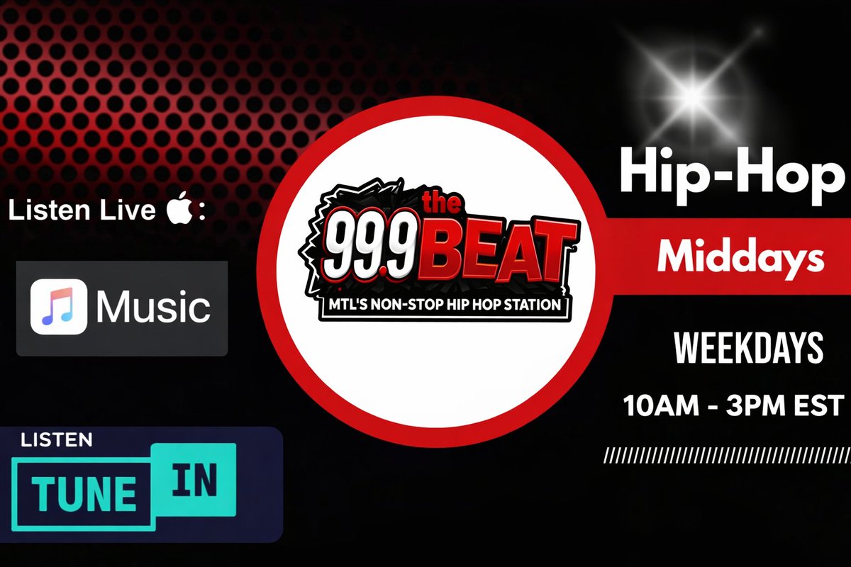 999TheBeat's tweet photo. Montreal’s Non Stop Hip-Hop during your workday! From 10 AM to 3 PM EST,

Tune in live on these platforms:
🔊 Tunein App
🔊 Apple Music App
🔊 MyTuner Radio App

Link on bio!

#montreal #Hiphop #rap #hiphopculture https://t.co/idhmSgC0IS
