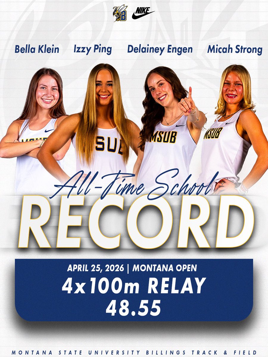 msubxctf's tweet photo. Relay Record Breakers 🙌

Bella Klein, Izzy Ping, Delainey Engen, and Micah Strong broke the school record in the 4x100m relay at the Montana Open Yesterday🔥

#msubsports | #msubtf https://t.co/R6cfHzxym5