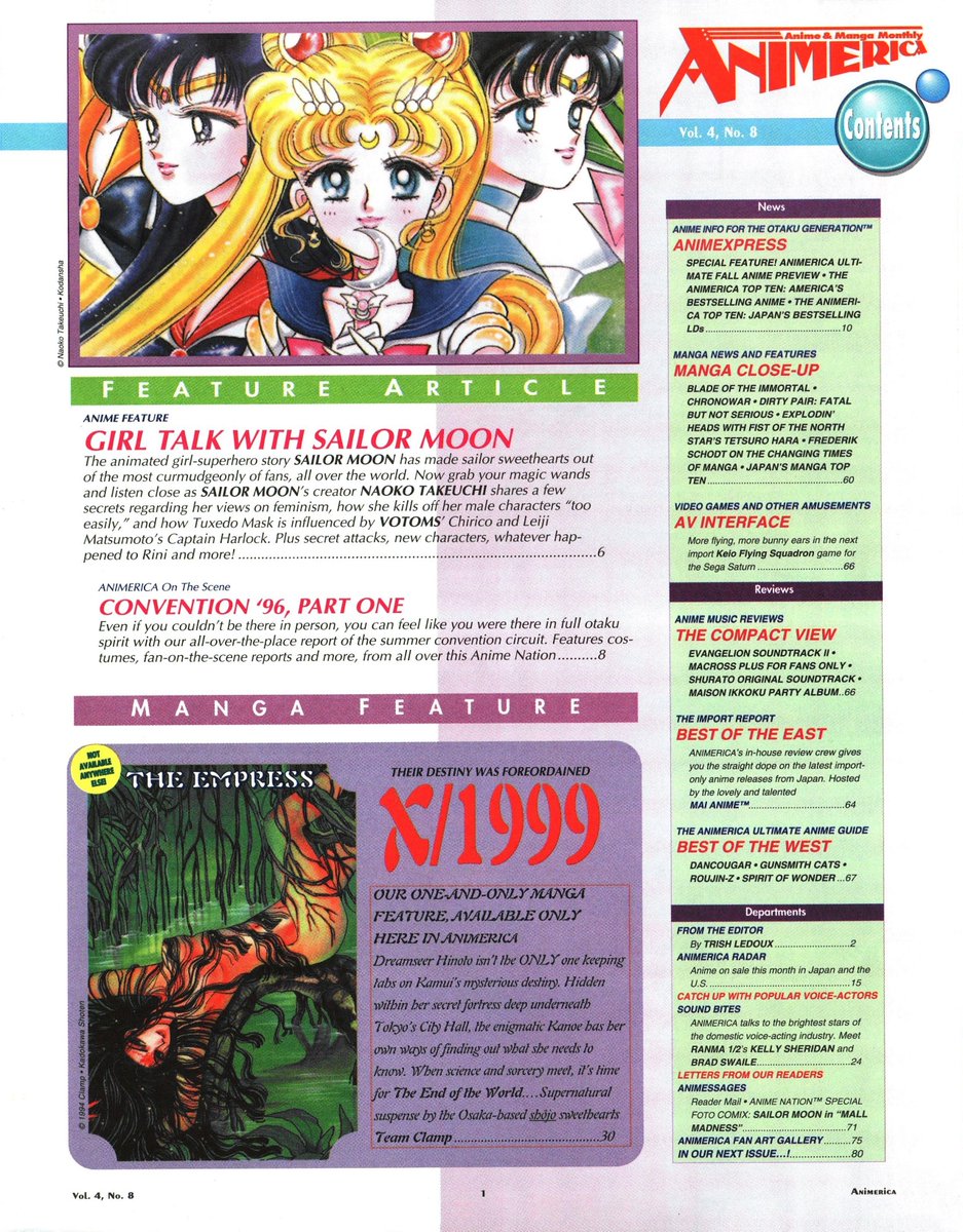 NEW UPLOAD: Animerica Volume 4 Number 8 (August 1996)

This issue features:
-Cover story on Sailor Moon including an interview with series creator Naoko Takeuchi and character and attack guides
-Interviews with English voice actors Kelly Sheridan and Brad Swaile (Ranma 1/2)