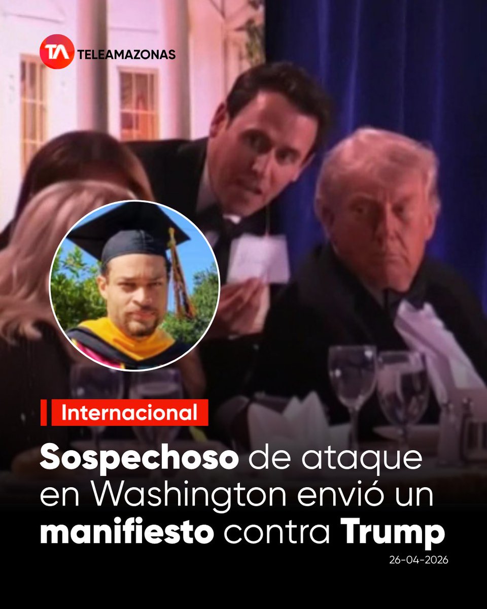 teleamazonasec's tweet image. #Internacional | Cole Allen envió un manifiesto a sus familiares minutos antes del ataque en Washington. El documento identifica como objetivos a altos cargos del Gobierno de Donald Trump. Detalles aquí: f.mtr.cool/ayfjofciym