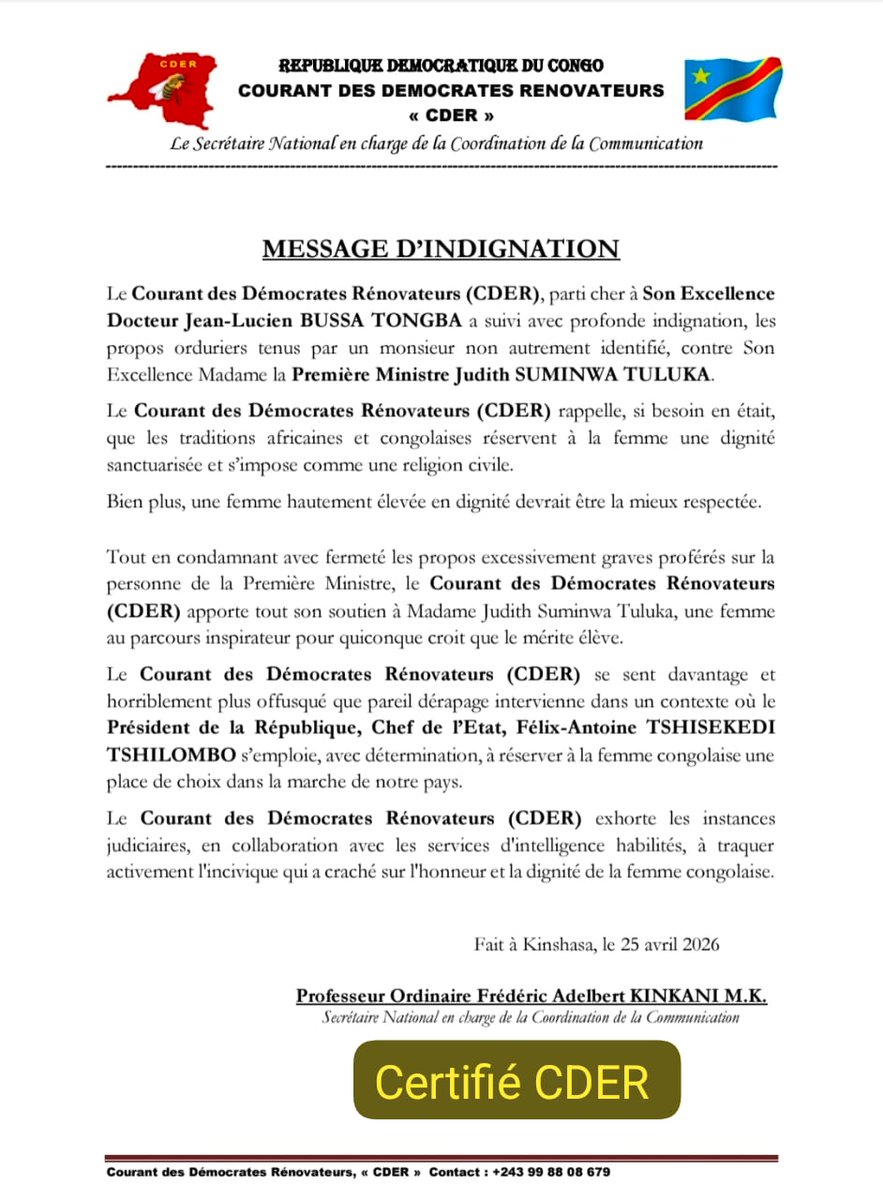 VianneyMUTUL86's tweet image. Le CDER s'indigne contre les propos discourtois tenus à l'égard de la #Première Ministre Judith SUMINWA tenus par un monsieur non autrement identifié.