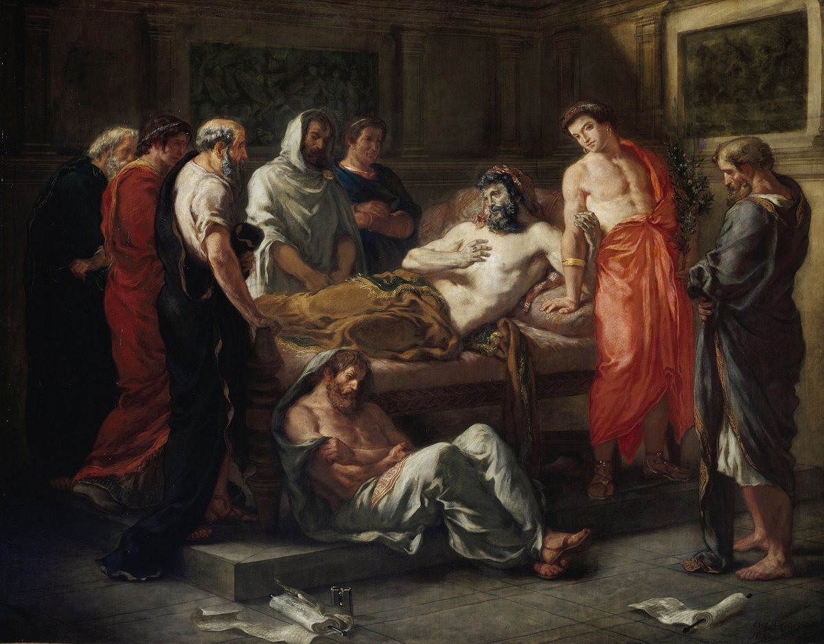 1920triaca's tweet photo. 🖼️ Últimas palabras del emperador Marco Aurelio
🖼️ Eugène Delacroix   📅 1844
🏛️ Musée des Beaux-Arts | Lyon 🇫🇷

Hoy, 26 Abril, es el cumpleaños de Marco Aurelio, y abrimos hilo sobre esta joya del Romanticismo francés 🧵👇🏻 https://t.co/1IconVGD9J